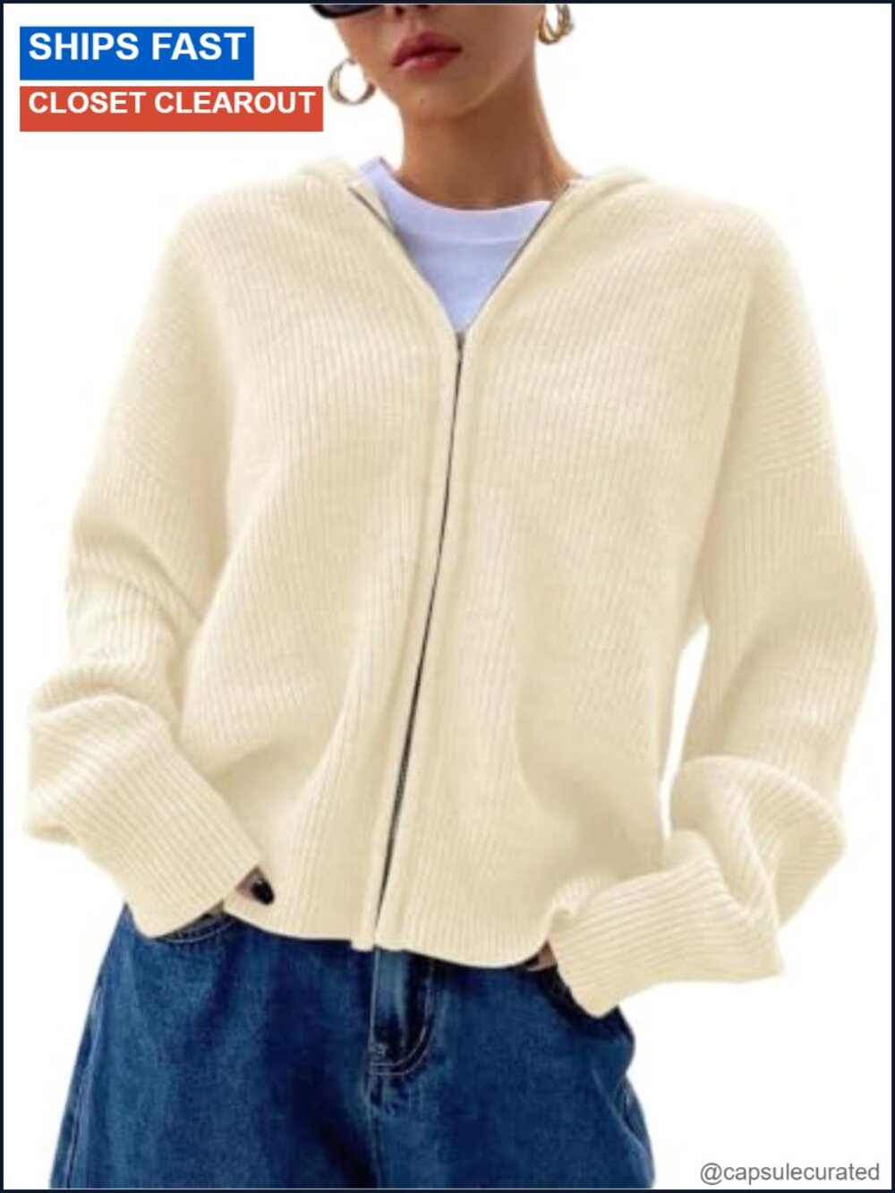 Zip Up Hooded Rib Knit Drop Shoulder Cardigan Sweater Long Sleeve